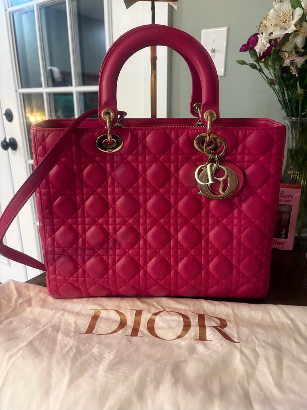 Lady Dior Quilted Top-Handle Satchel in Fuchsia Pink with Gold Hardware